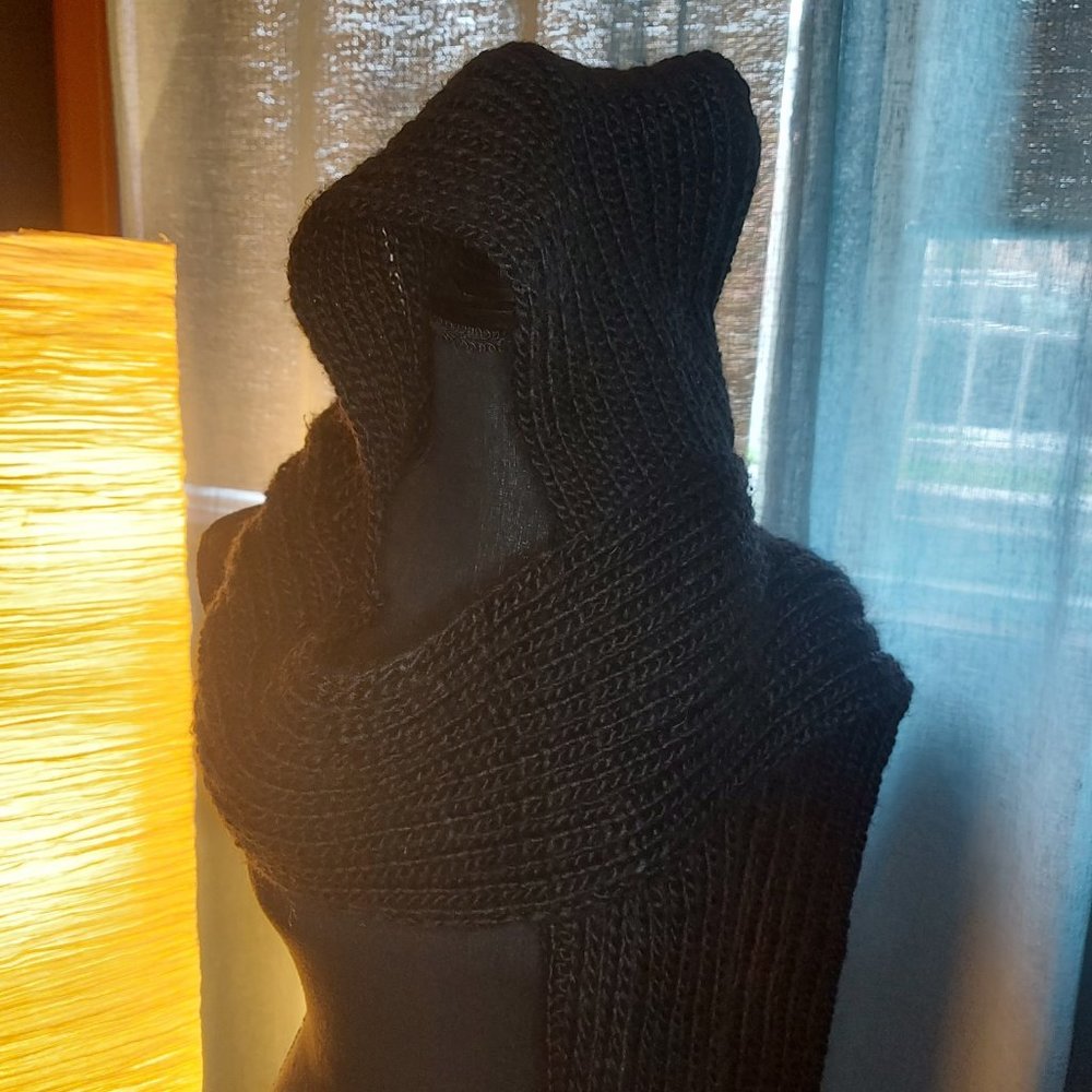 Super Long Black Scarf with Hood and Hand Pockets